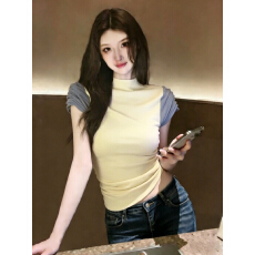 批发设计感撞色拼接黄色短袖T恤女夏薄款体恤小个子<b class='q'>显瘦</b>内搭打底上衣