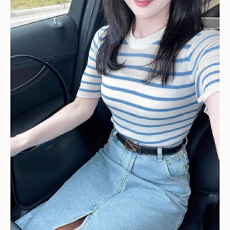 批发夏季薄款洋气显瘦圆领条纹冰丝短袖针织衫减龄<b class='q'>时尚</b>百搭套头上衣女