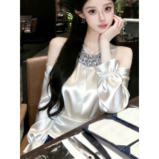 批发法式风重工镶钻拼接镂空挂脖<b class='q'>衬衫</b>气质名媛高级露肩显瘦百搭上衣女