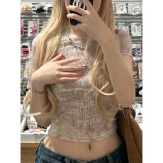 批发微透性感满钻花卉网纱短袖<b class='q'>T</b><b class='q'>恤</b>女26夏季新款潮流圆领上衣个性设计