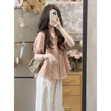 批发夏季2026新款小衫法式粉色短袖雪纺<b class='q'>衬衫</b>女高级感泡泡袖娃娃衫<b class='q'>上衣</b>