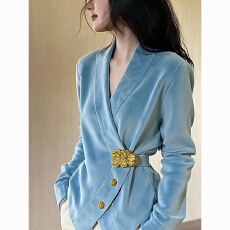 批发巨好看的初<b class='q'>冬</b>富家千金韩系小香风百搭气质蓝色鹿皮绒收腰厚外套女
