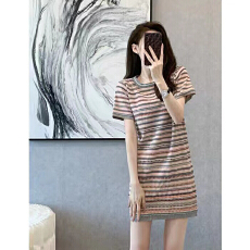 批发法式小香风<b class='q'>连衣裙</b>女夏季撞色冰丝针织裙圆领薄款直筒运动<b class='q'>卫衣</b>裙子