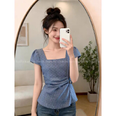 批发蓝色<b class='q'>不规则</b>方领波点衬衫女夏季新款微胖大码女装收腰显瘦气质上衣