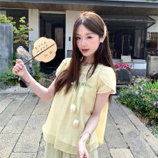 批发圆领花边拼接蝴蝶结郁金香泡泡袖小衫女夏季新款甜美新中式娃娃衫