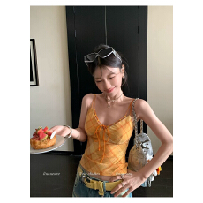 批发LINONEONE5/6辣妹派对 美式复古橘色格纹V领可调节肩带背心小吊带