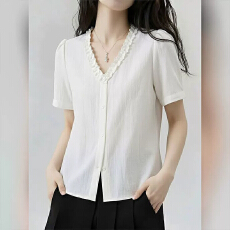 批发法式花边V领白色短袖<b class='q'>衬衫</b>女2026<b class='q'>夏季</b>新款超好看减龄小众别致上衣