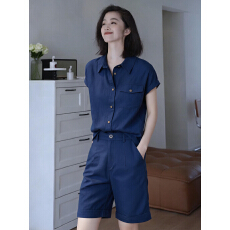 批发高级感藏青色短袖衬衫短裤<b class='q'>套装</b><b class='q'>女</b>夏季2026新款简约通勤<b class='q'>职业</b><b class='q'>套装</b>