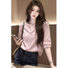 批发韩系减龄粉色中袖薄款衬衫女夏季高级感宽松显瘦衬衣百搭上衣小衫