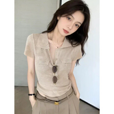 批发2026夏季新款韩版极简翻领针织衫女短袖休闲百搭显瘦<b class='q'>通勤</b>
