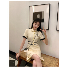 批发<b class='q'>韩国</b>气质名媛港味复古小香风Polo翻领冰丝针织连衣裙赫本风小黑裙