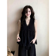 批发V领木耳边无袖<b class='q'>上衣</b>女黑色设计感春夏新款