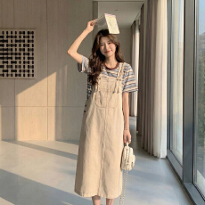 批发奶系工装背带<b class='q'>裙</b>套装女夏季2026新款<b class='q'>条纹</b>T恤小个子洋气减龄两件套