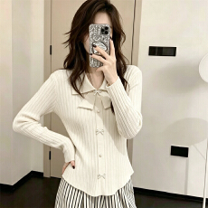 批发小香风蝴蝶结polo领<b class='q'>长袖</b>上衣修身女打底针织衫毛衣内搭