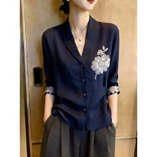 批发2026年<b class='q'>夏</b>季新品女装藏蓝色上衣系带印花修身显瘦百搭舒适中式短袖