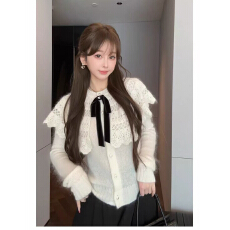 批发法式镂空披肩针织开衫女秋冬蝴蝶结珍珠扣温柔<b class='q'>短</b>款白色毛衣外套
