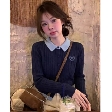 批发韩系学院风假两件撞色POLO领长袖针织<b class='q'>开衫</b><b class='q'>女</b>早秋新款气质休闲上衣