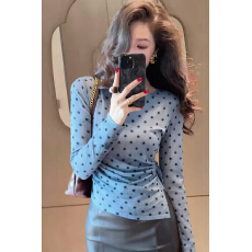 批发蓝色波点晕染印花网纱长袖T恤女夏季不规则设计<b class='q'>空调</b>小<b class='q'>衫</b>韩系上衣