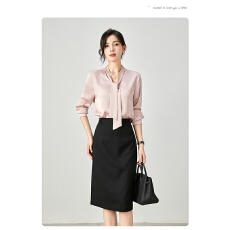 批发春秋冬高级感灰粉色醋酸缎面V领飘带<b class='q'>职业</b><b class='q'>衬衫</b>女通勤长袖<b class='q'>衬衣</b>内搭