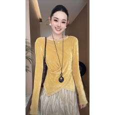 批发<b class='q'>丝绒</b>圆领交叉显瘦遮肉气质百搭高级长袖上衣