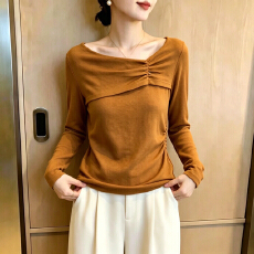 批发斜领设计感t恤女早秋独特漂亮巨好看正肩修身内搭长袖上衣<b class='q'>打底衫</b>