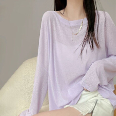 批发紫色防晒长袖t恤女夏季宽松慵懒风薄款套头冰丝针织罩衫上衣外穿