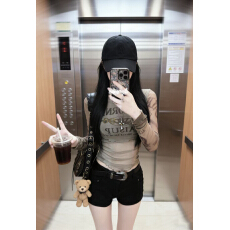 批发美式甜辣妹<b class='q'>长袖</b>t恤女设计感欧货修身显瘦内搭打底衫网纱套<b class='q'>装</b>