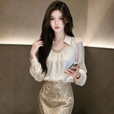 批发法式艺术系上衣遮肉<b class='q'>长袖</b><b class='q'>衬衫</b>女宽松显瘦镶钻翻领设计感高级感上衣