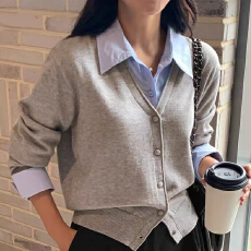 批发秋新 <b class='q'>韩国</b><b class='q'>代购</b><b class='q'>正品</b>女装 时尚衬衣翻领假两件套长袖单排扣针织衫