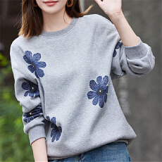 批发大码韩系灰色圆领花卉印花<b class='q'>卫衣</b>女秋冬季薄款宽松休闲百搭无帽上衣