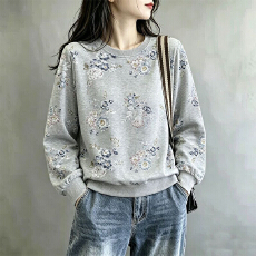 批发复古繁花满印卫衣女韩版宽松圆领正肩设计感<b class='q'>春</b>秋休闲减龄女士上衣