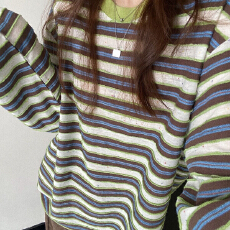 批发随手拍牛油果配色 韩系慵懒穿搭宽松条纹T恤卫衣<b class='q'>春</b>秋款ins