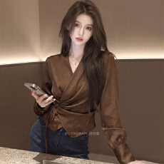 批发时尚女装高级设计感轻熟风V领收腰绑带长袖气质衬衫2026<b class='q'>春</b>季新款