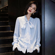 批发法式浪漫风白色蕾丝<b class='q'>衬衫</b>女2026春季新款<b class='q'>长袖</b>蝴蝶结系带高级感上衣
