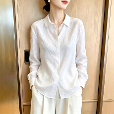 批发法式白色老钱风苎麻<b class='q'>衬衫</b>女<b class='q'>长袖</b>秋季新款宽松休闲<b class='q'>衬衣</b>外搭棉麻上衣