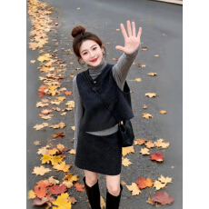 批发一整套无袖马甲毛呢外套女2026超火秋冬针织短款半身裙三件套装