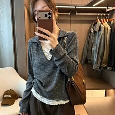 批发韩系翻领假两件长袖T恤女2026<b class='q'>秋</b>季新款撞色蕾丝拼接百搭显瘦小衫
