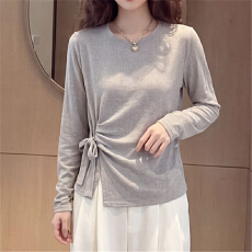 批发2026秋季新款灰色圆领长袖<b class='q'>t</b><b class='q'>恤</b>女士洋气减龄设计感收腰系带上衣潮