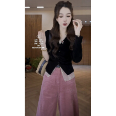 批发法式复古春秋V领假两件<b class='q'>上衣</b>女气质显瘦宽松阔腿裤两件套通勤穿搭