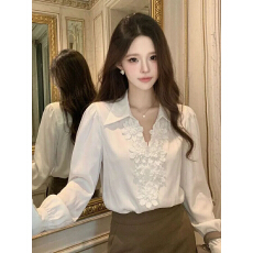 批发法式小资高级感立体花朵拼接长袖<b class='q'>衬衫女</b>春秋装时髦小众设计感上衣