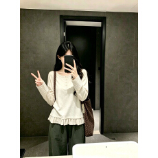 韩系亨利领纽扣长袖拼接t恤女早秋新款休闲百搭荷叶边打底衫上衣