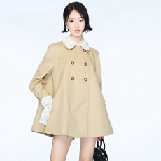 批发赵美延同款2026<b class='q'>秋</b>季新款卡其色蕾丝娃娃领风衣