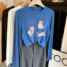 批发秋季新款蓝色长袖修身t恤女韩版时尚可爱猫咪印花<b class='q'>纯棉</b><b class='q'>打底衫</b>上衣
