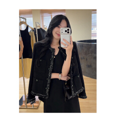 批发<b class='q'>夏</b>诗文 肌理感粗花呢撞色编织织带短外套女秋季微宽松小圆领上衣