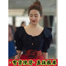 刘亦菲同款黑色灯笼袖衬衫女夏季设计感别致绝美娃娃衫上衣