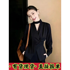 批发法式轻奢V领扭结飘带<b class='q'>衬衫</b>女<b class='q'>长袖</b>通勤黑色气质上衣设计感春季新款