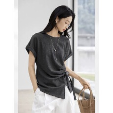 批发设计感系带短袖T恤女2026夏季新款泡泡肌理气质显瘦圆领上衣