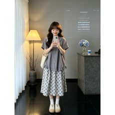 批发2026超火夏装套装<b class='q'>女</b>新款荷叶边短袖衬衫波点半身裙两件套大方得体