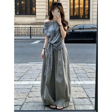 批发韩系巨好看穿搭一整套2026新款斜肩条纹短袖t恤女夏季阔腿裤套装
