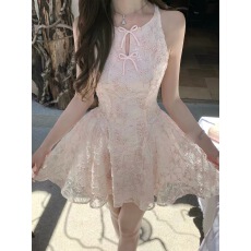 批发Q女家新品 浅樱晚香玉/千金感粉色亮片刺绣收腰生日连衣裙